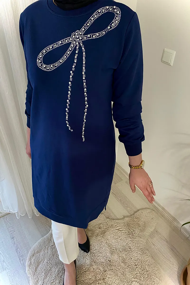 Fiyonk desenli lacivert penye tunik