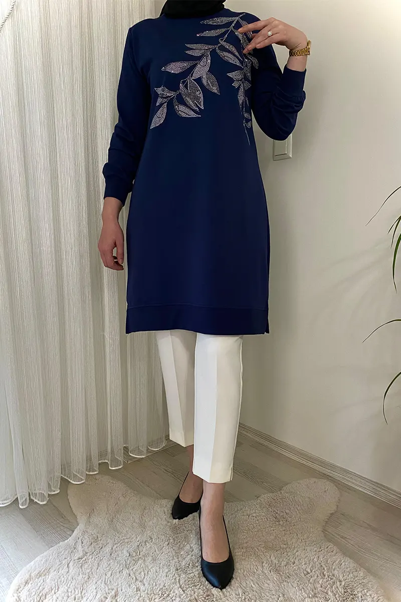 Yaprak Desen lacivert penye tunik