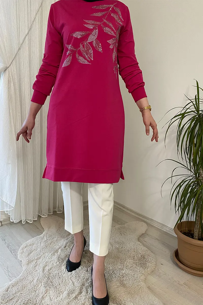 Yaprak Desen pembe penye tunik2